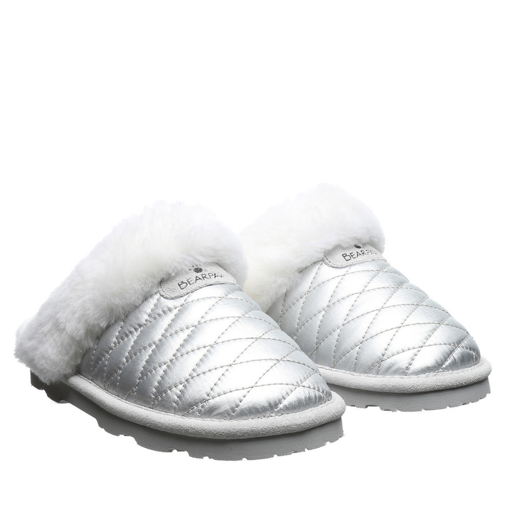 Bearpaw Women's Slippers 6 Silver White Effie Suede Wool Sheepskin